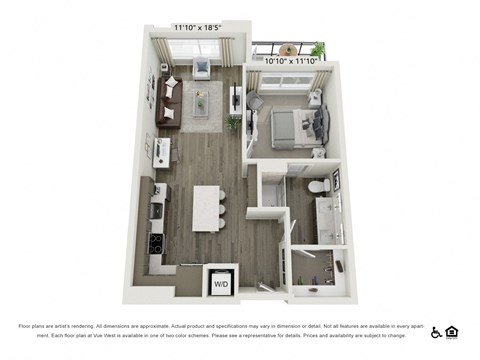 Floor plan for 1 bed, 1 bath, 719 sqft